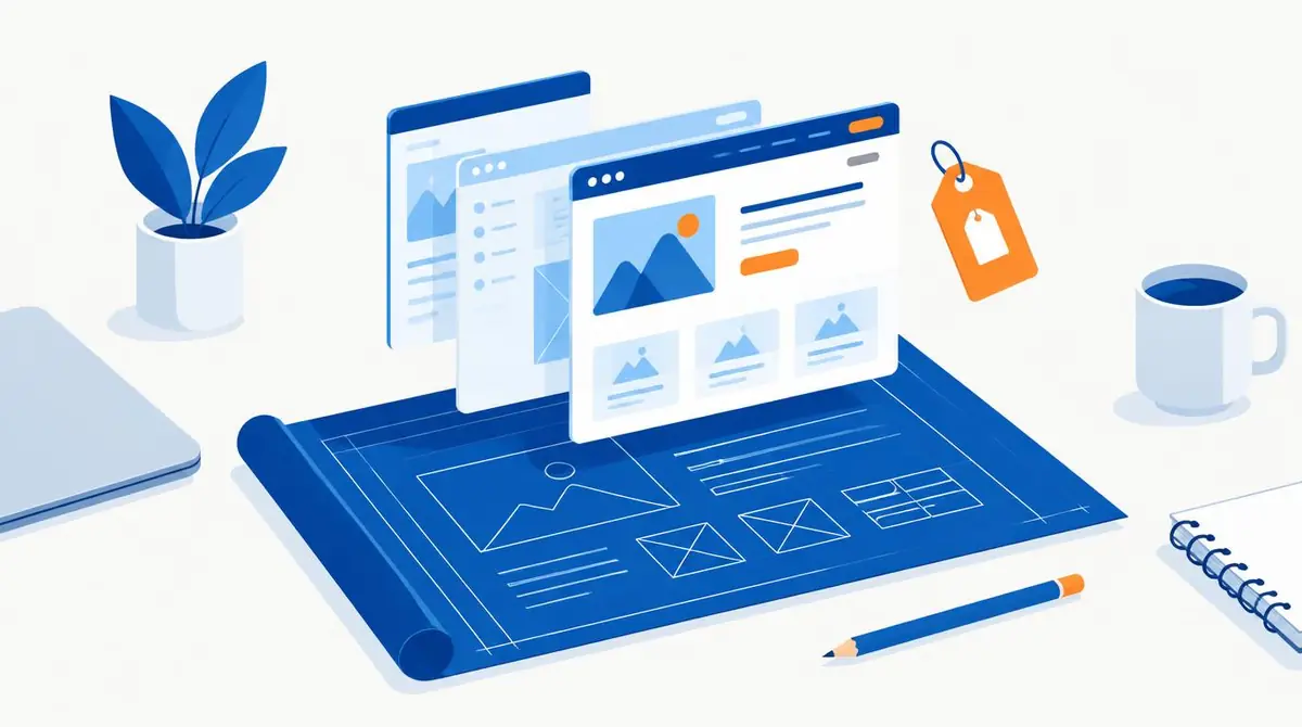 Planta de projeto de site sobre a mesa com telas de layout flutuando e uma etiqueta de preço